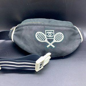 AUTHENTIC CHANEL BUM BAG SPORTS CANVAS WAIST TENNIS CC LOGO BLACK WHITE UNISEX